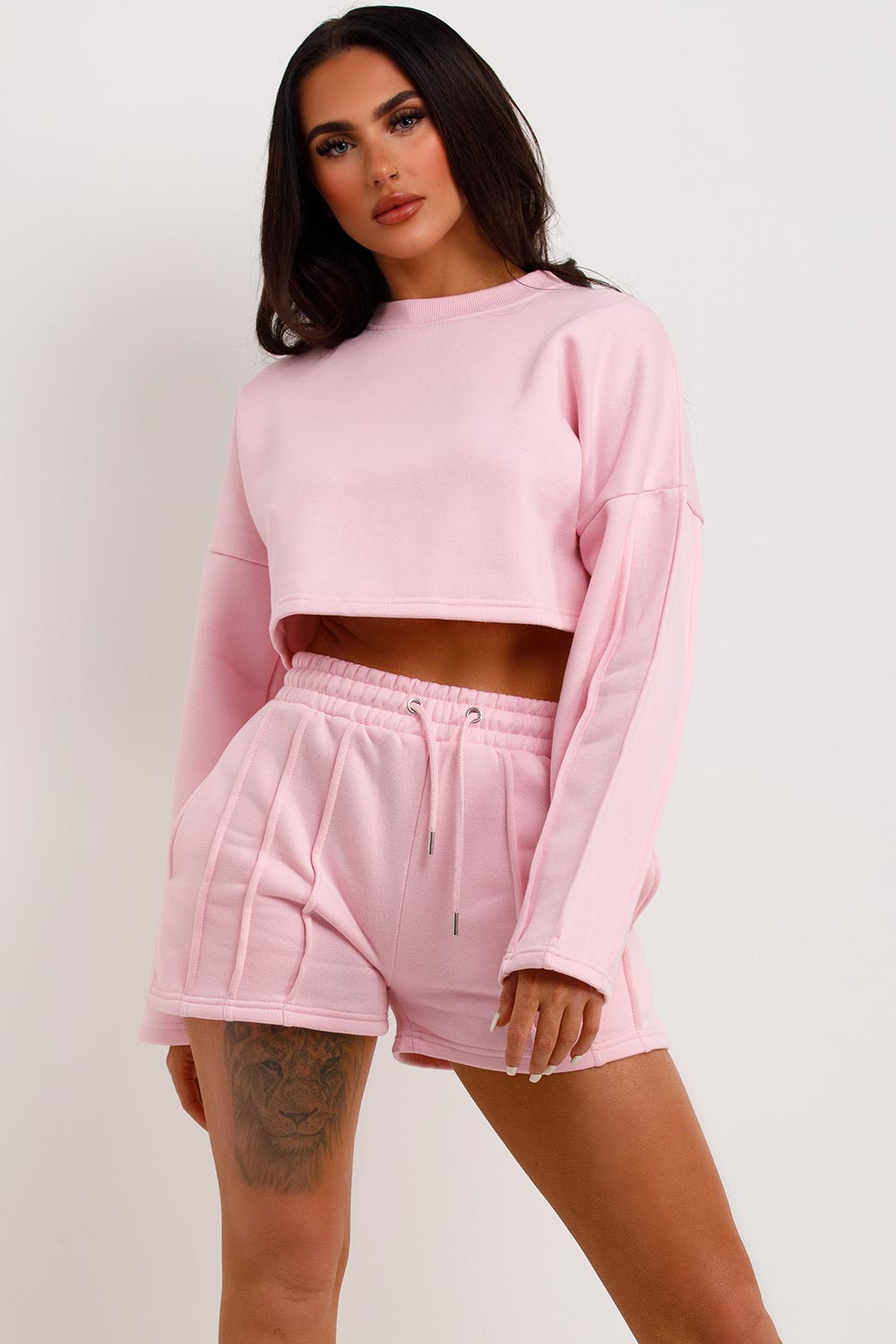 SEAM DETAIL OVERSIZED CROP TOP & SHORTS FLEECE CO-ORD